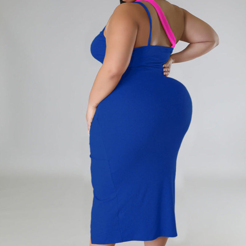Plus Size Two Tone One Shoulder Ruched Midi Dress