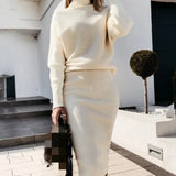 2-Piece Turtleneck Puff Sleeve Sweater and Midi Skirt Set