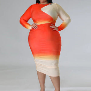 Plus Size Long Sleeve Two Tone Bodycon Midi Dress Orange