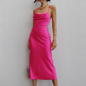 Sleeveless Satin Maxi Cut Out Strappy Back Dress Pink