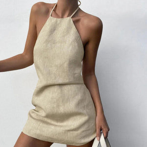 Cotton Linen Backless Mini Halter Dress