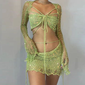 Knitted Sequin Crop Top and Skirt Matching Set