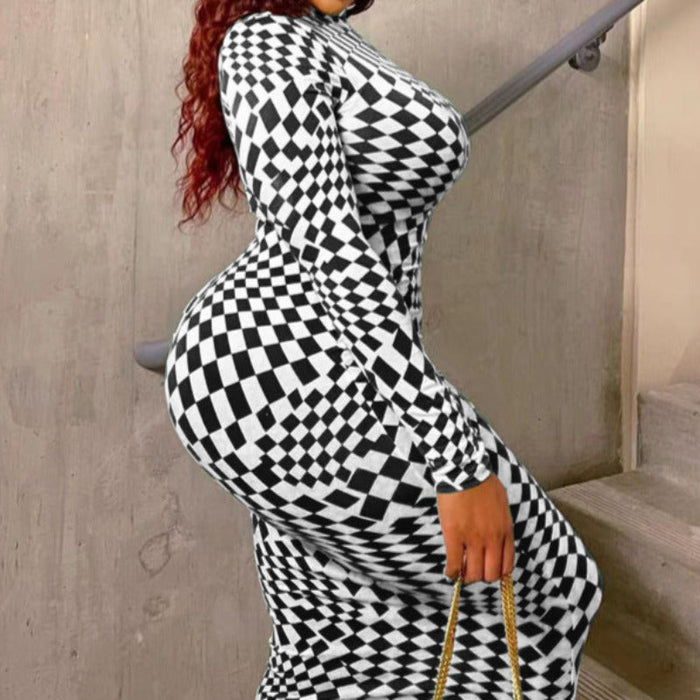 Plus Size Mock Neck Long Sleeve Checkered Midi Dress Black