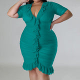 Plus Size Draped V-Neck Ruffle Midi Dress Green