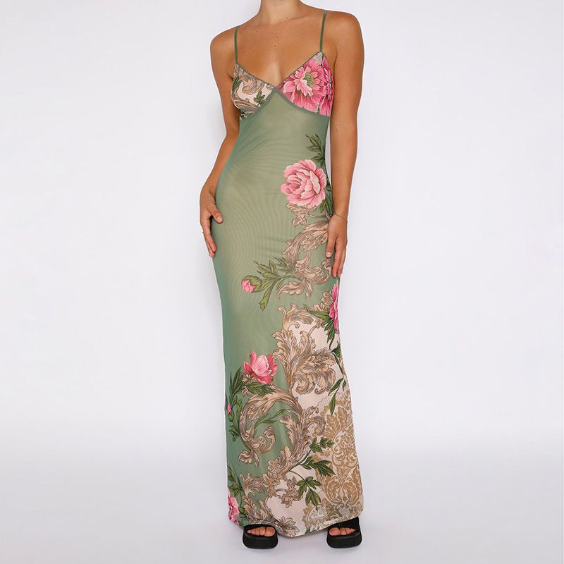 Sleeveless Floral Print V-Neck Slim Maxi Dress