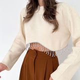 Rhinestone Tassel Loose Crop Sweater Cream