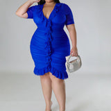 Plus Size Draped V-Neck Ruffle Midi Dress Blue