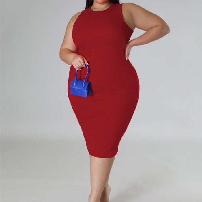 Plus Size Sleeveless Solid Bodycon Midi Dress Red