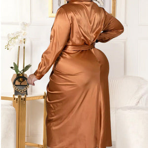 Plus Size Long Sleeve Satin Blouse Ruched Midi Dress