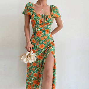 Floral Print Short Sleeve Off Shoulder Boho Slit Midi Dress