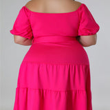 Plus Size Solid Off Shoulder Belted Midi Dress Hot Pink