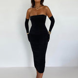 Strapless Bodycon Midi Dress With Gloves Black