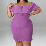 Plus Size Off Shoulder Front Drawstring Midi Dress Lavender