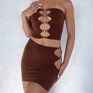 Hollow Out Tube Top And Mini Skirt Matching Set