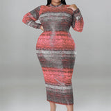 Plus Size Tie Dye Striped Long Sleeve Bodycon Dress Pink