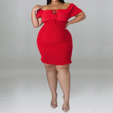 Plus Size Off Shoulder Front Drawstring Midi Dress Red