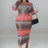 Plus Size Tie Dye Striped Long Sleeve Bodycon Dress Pink