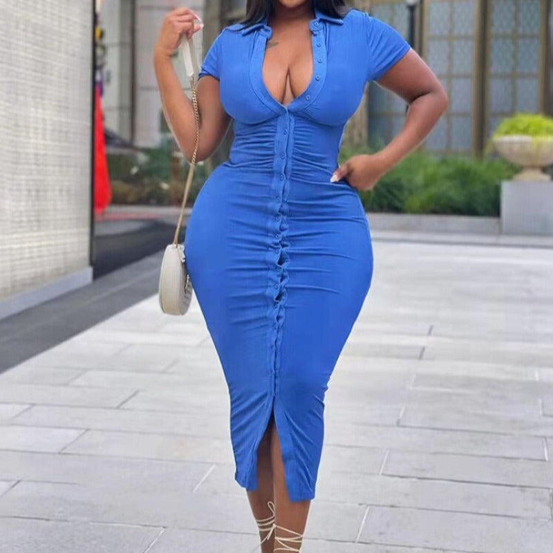 Plus Size Collared Button Down Short Sleeve Midi Dress