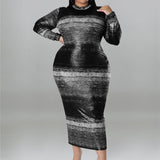 Plus Size Tie Dye Striped Long Sleeve Bodycon Dress Black