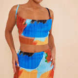 Printed Pleated Cami Top And Skirt Matching Set  Blue