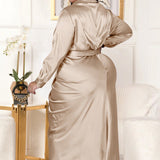 Plus Size Long Sleeve Satin Blouse Ruched Midi Dress Champagne