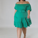 Plus Size Solid Off Shoulder Belted Midi Dress Green