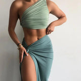 2-Piece Ruched Crop Top and High Slit Midi Skirt Matching Set Green