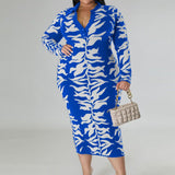 Plus Size Button Down Printed Long Sleeve Maxi Dress Blue