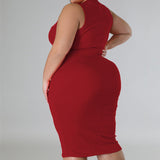 Plus Size Sleeveless Solid Bodycon Midi Dress Red