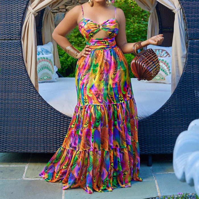 Plus Size Sleeveless Tie Dye Print Ruffle Maxi Dress Multi