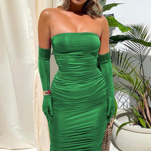 Strapless Bodycon Midi Dress With Gloves Green