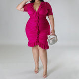 Plus Size Draped V-Neck Ruffle Midi Dress Pink