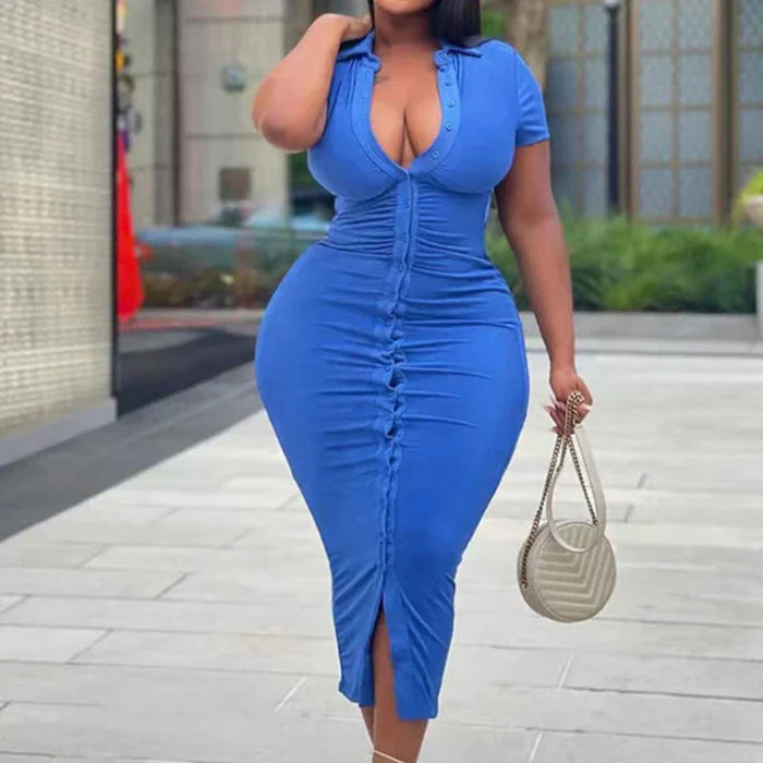 Plus Size Collared Button Down Short Sleeve Midi Dress Blue