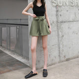 Chiffon Bow Belt High Waist Shorts Green