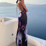 Backless Maxi Purple Print Halter Bodycon Dress