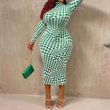 Plus Size Mock Neck Long Sleeve Checkered Midi Dress Green