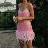 Sleeveless Fringed Sequin Feathered Mini Dress Pink