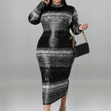 Plus Size Tie Dye Striped Long Sleeve Bodycon Dress Black