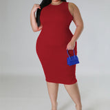 Plus Size Sleeveless Solid Bodycon Midi Dress Red