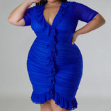 Plus Size Draped V-Neck Ruffle Midi Dress Blue