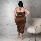 Plus Size Sleeveless Draped Satin Midi Dress Brown