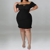 Plus Size Off Shoulder Front Drawstring Midi Dress Black