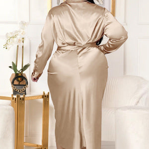 Plus Size Long Sleeve Satin Blouse Ruched Midi Dress