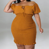 Plus Size Off Shoulder Front Drawstring Midi Dress Mustard