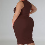 Plus Size Sleeveless Solid Bodycon Midi Dress Brown