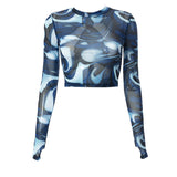 Mesh Sheer Print Long Sleeve Crop Top Blue