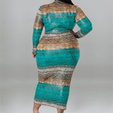 Plus Size Tie Dye Striped Long Sleeve Bodycon Dress Teal