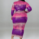 Plus Size Tie Dye Striped Long Sleeve Bodycon Dress Purple