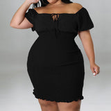 Plus Size Off Shoulder Front Drawstring Midi Dress Black