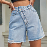 Criss Cross High Waist Denim Shorts Blue